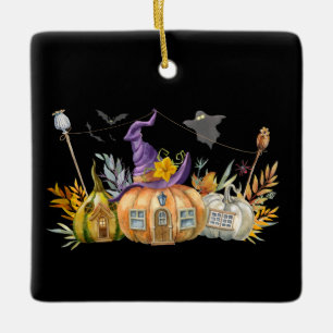 Haunted Pumpkin House with Ghost & Bats Ceramic Ornament