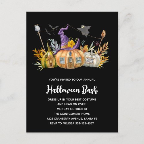 Haunted Pumpkin House with Ghost  Bats Invitation Postcard