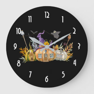 Haunted Pumpkin House with Ghost & Bats Large Clock