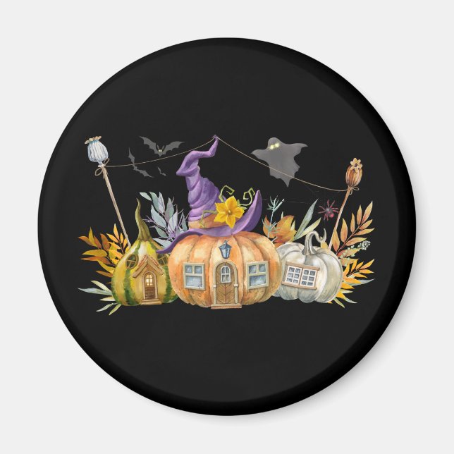 Haunted Pumpkin House with Ghost & Bats Magnet (Front)