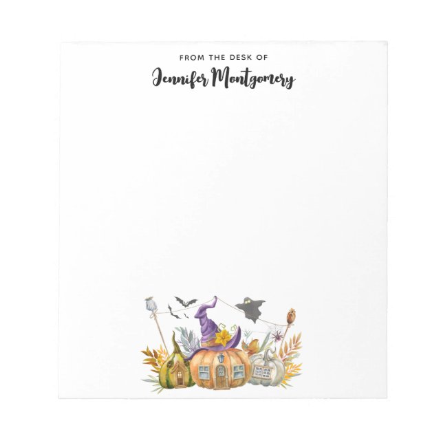 Haunted Pumpkin House with Ghost & Bats Notepad (Front)