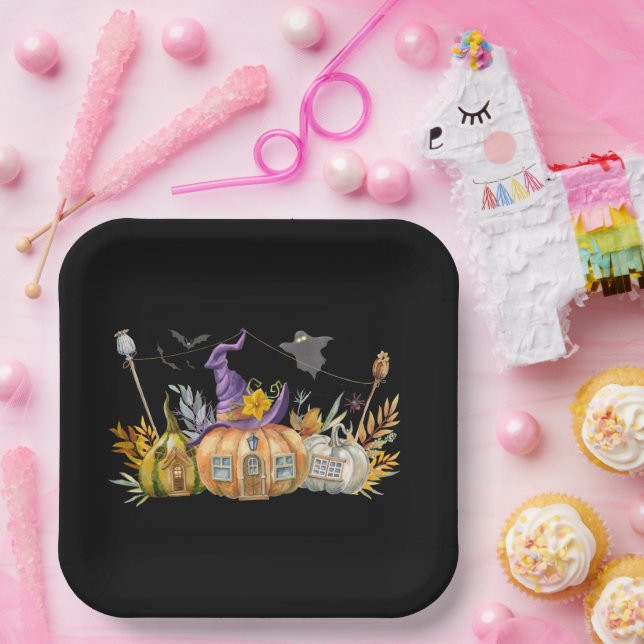 Haunted Pumpkin House with Ghost & Bats Paper Plates (Party)