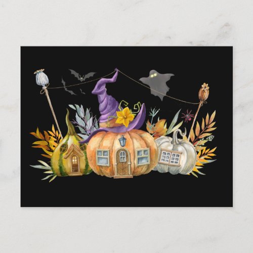 Haunted Pumpkin House with Ghost  Bats Postcard