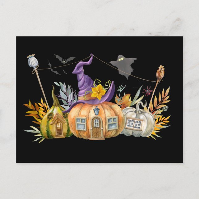 Haunted Pumpkin House with Ghost & Bats Postcard (Front)