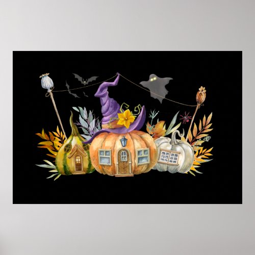 Haunted Pumpkin House with Ghost  Bats Poster