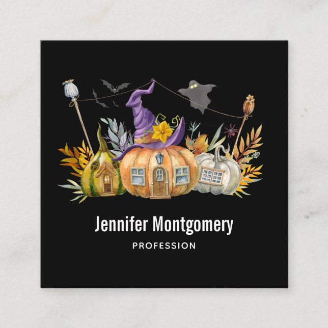 Haunted Pumpkin House with Ghost & Bats Square Business Card (Front)