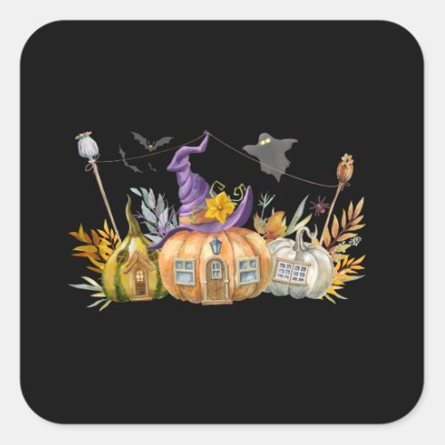 Haunted Pumpkin House with Ghost  Bats Square Sticker