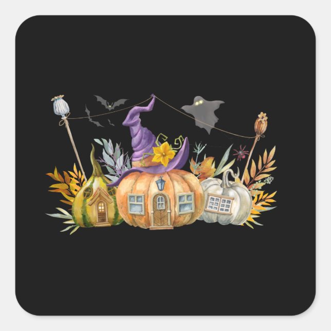Haunted Pumpkin House with Ghost & Bats Square Sticker (Front)