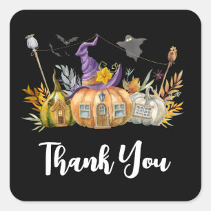 Haunted Pumpkin House with Ghost & Bats Square Sticker