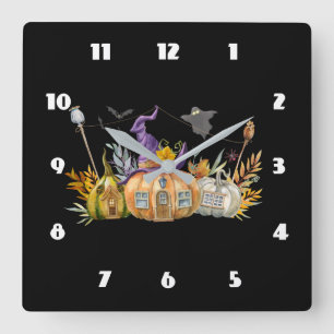 Haunted Pumpkin House with Ghost & Bats Square Wall Clock