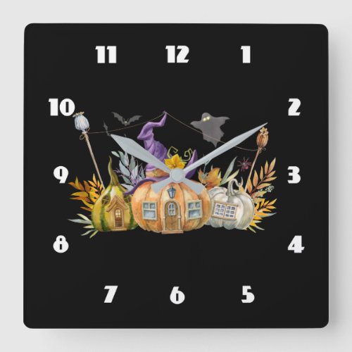  Haunted Pumpkin House with Ghost  Bats Square Wall Clock