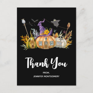 Haunted Pumpkin House with Ghost & Bats Thank You Postcard