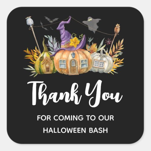 Haunted Pumpkin House with Ghost  Bats Thank You Square Sticker