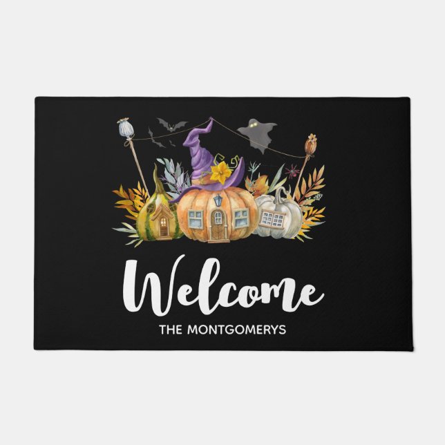 Haunted Pumpkin House with Ghost & Bats Welcome Doormat (Front)