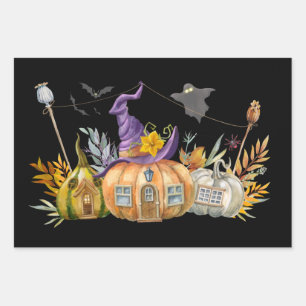 Haunted Pumpkin House with Ghost & Bats Wrapping Paper Sheets