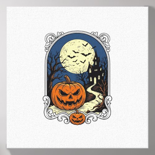 Haunted Pumpkin Scene Vintage Halloween Vector Art Canvas Photo Tile