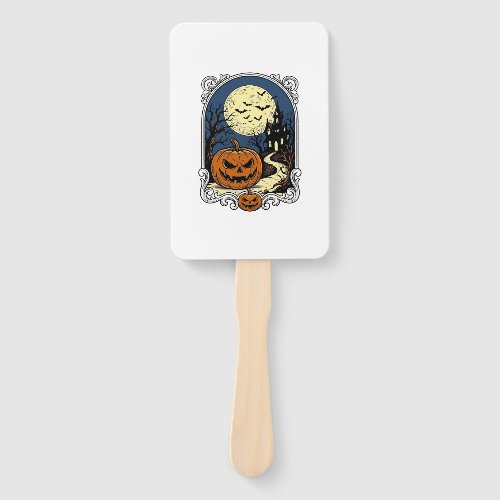 Haunted Pumpkin Scene Vintage Halloween Vector Art Hand Fan