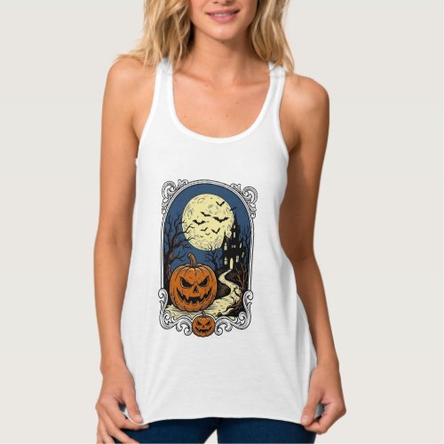Haunted Pumpkin Scene Vintage Halloween Vector Art Tank Top