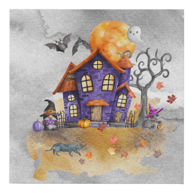 Haunted Purple Gnome House With Ghost Bats & Cats Faux Canvas Print (Front)