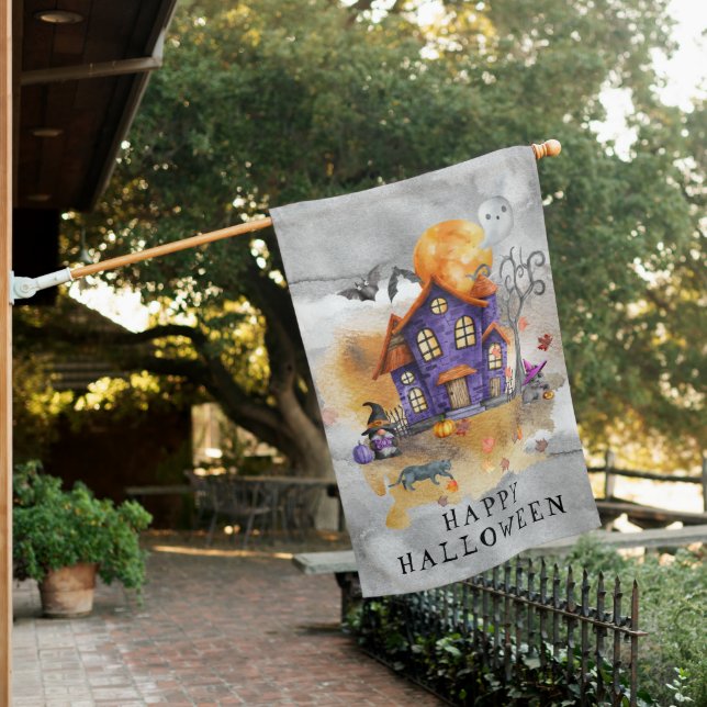 Haunted Purple Gnome House With Ghost Bats & Cats  Flag (In SItu)