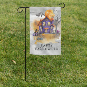 Haunted Purple Gnome House With Ghost Bats & Cats Garden Flag
