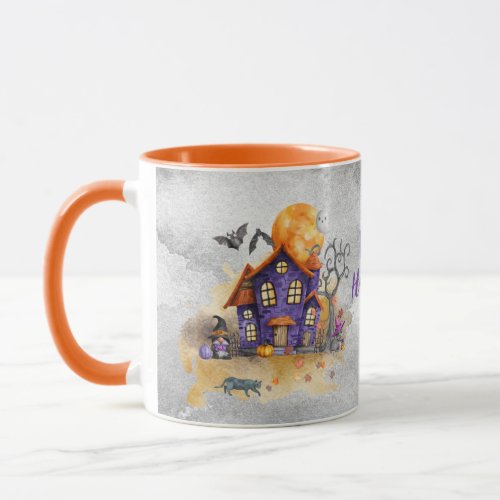 Haunted Purple Gnome House With Ghost Bats  Cats  Mug