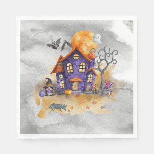 Haunted Purple Gnome House With Ghost Bats & Cats  Napkins