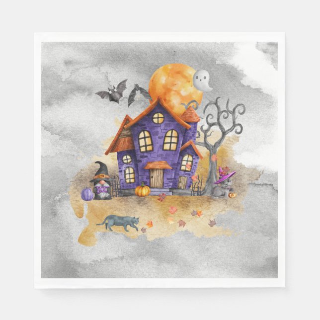 Haunted Purple Gnome House With Ghost Bats & Cats  Napkins (Front)