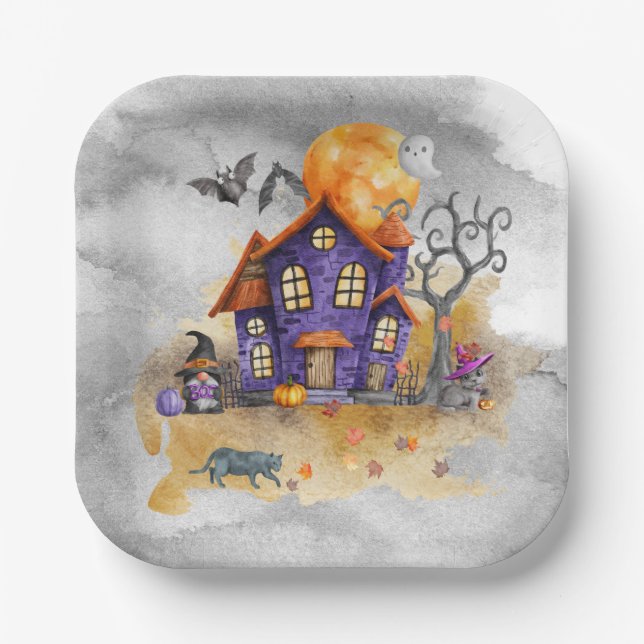 Haunted Purple Gnome House With Ghost Bats & Cats  Paper Plates (Front)