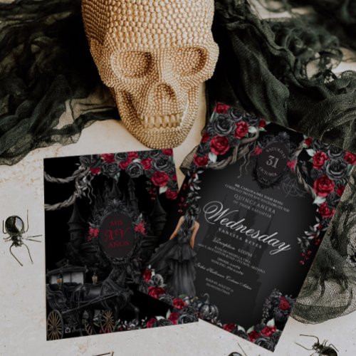 Haunted Quinceanera Black Roses Red Halloween  Invitation