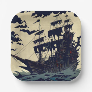 Haunted Sailing Ship Woodblock 1 Paper Plates