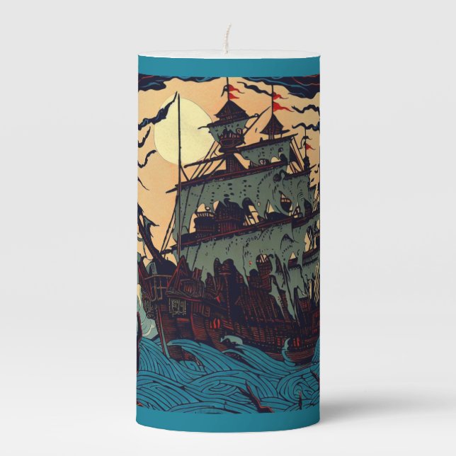 Haunted Sailing Ship Woodblock 2 Pillar Candle (Front)