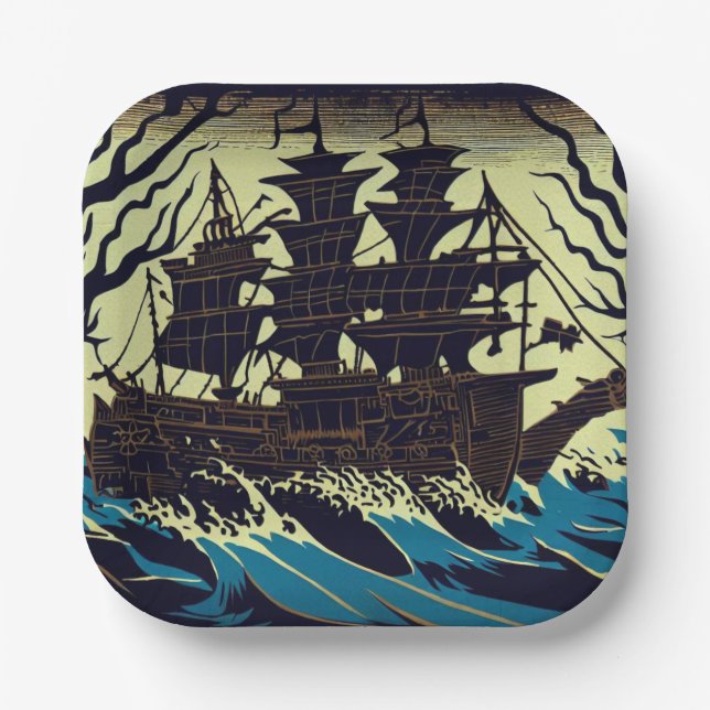 Haunted Sailing Ship Woodblock 3 Paper Plates (Front)