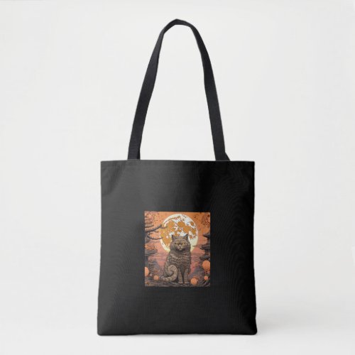 Haunted Sakura Scene_ Black Cat Pumpkins Wave  Tote Bag