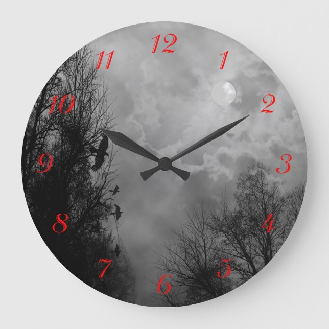 Haunted Sky With Ravens Red Numbers Wall Clock (Front)
