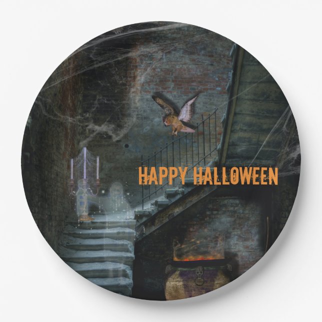 Haunted Staircase Halloween Paper Plates (Front)