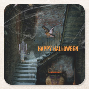 Haunted Staircase Halloween Square Paper Coaster