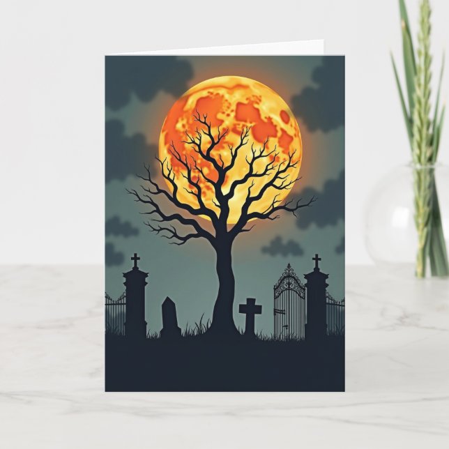 Haunted Tree Under Orange Moon Card (Front)