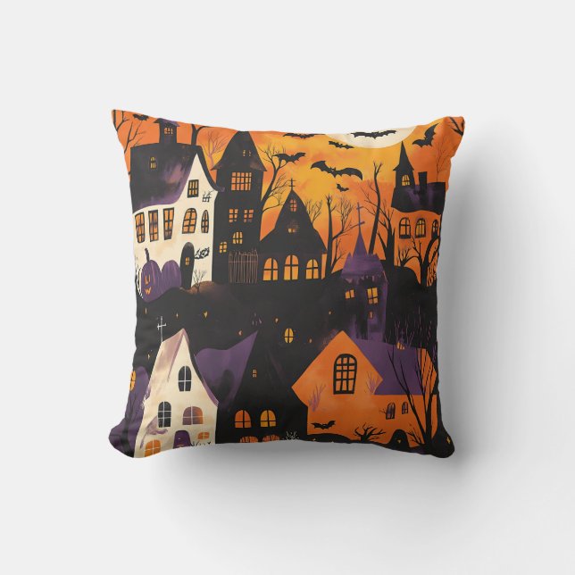 Haunted Village Spooky Purple Orange Halloween Throw Pillow (Front)