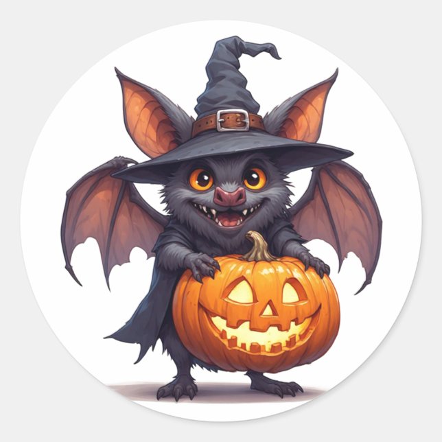 Haunted Witch Bat With Pumpkin Lantern 🎃 Classic Round Sticker (Front)