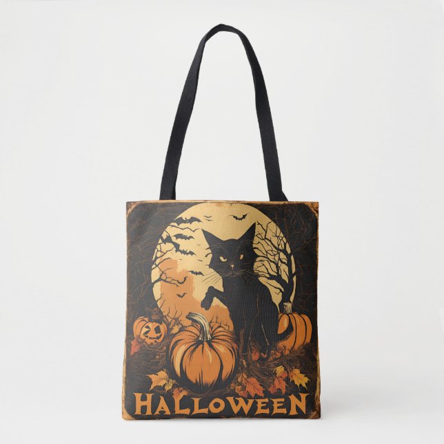 Haunting Black Cat on Pumpkin with Moon and Bats Tote Bag (Front)