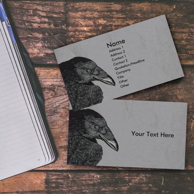 Haunting Black Crow Face Gray Business Card (Illustration of head beak of black crow on marbled grey business cards.)