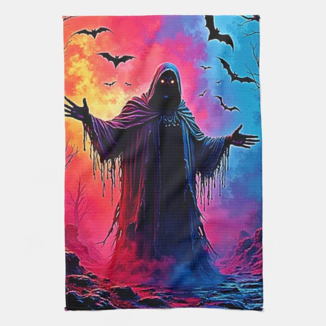 Haunting Demon Cloaked In Shadows Design Kitchen Towel (Vertical)