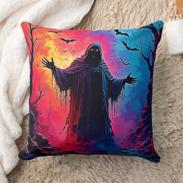 Haunting Demon Cloaked In Shadows Design Throw Pillow (Blanket)