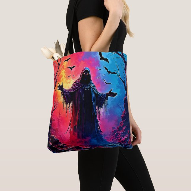Haunting Demon Cloaked In Shadows Design Tote Bag (Close Up)