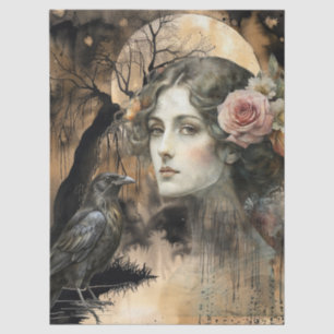 Haunting Fantasy Gothic Raven & Girl Art Collage Tissue Paper
