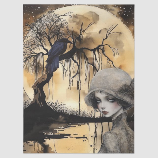 Haunting Fantasy Gothic Raven & Victorian Girl  Tissue Paper (Front)
