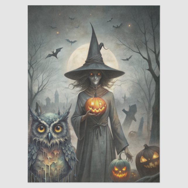 Haunting Fantasy Gothic Witch, Pumpkins & Moon Tissue Paper (Front)