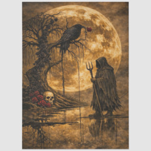 Haunting Gothic Raven Moon Skull Rose Fantasy Art Tissue Paper