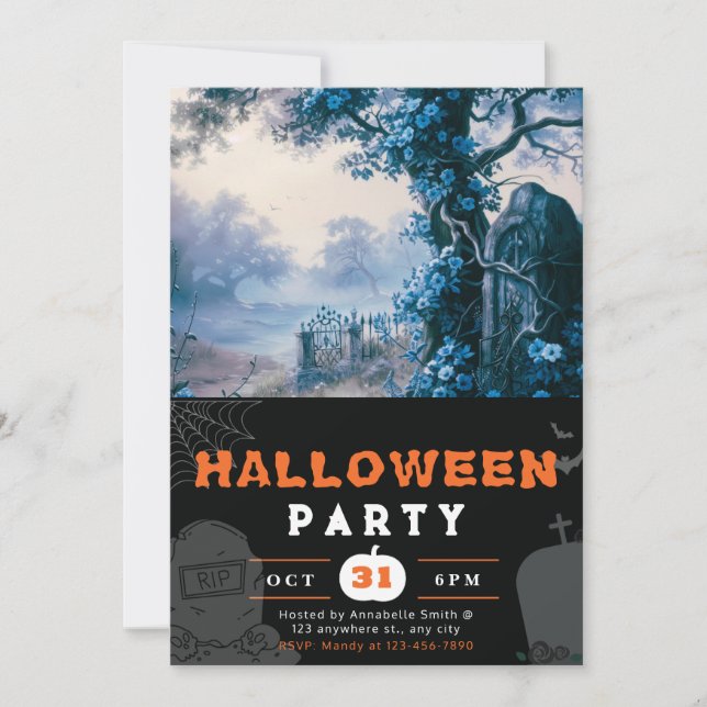 Haunting Graveyard Blue Flowers Halloween Invitation (Front)